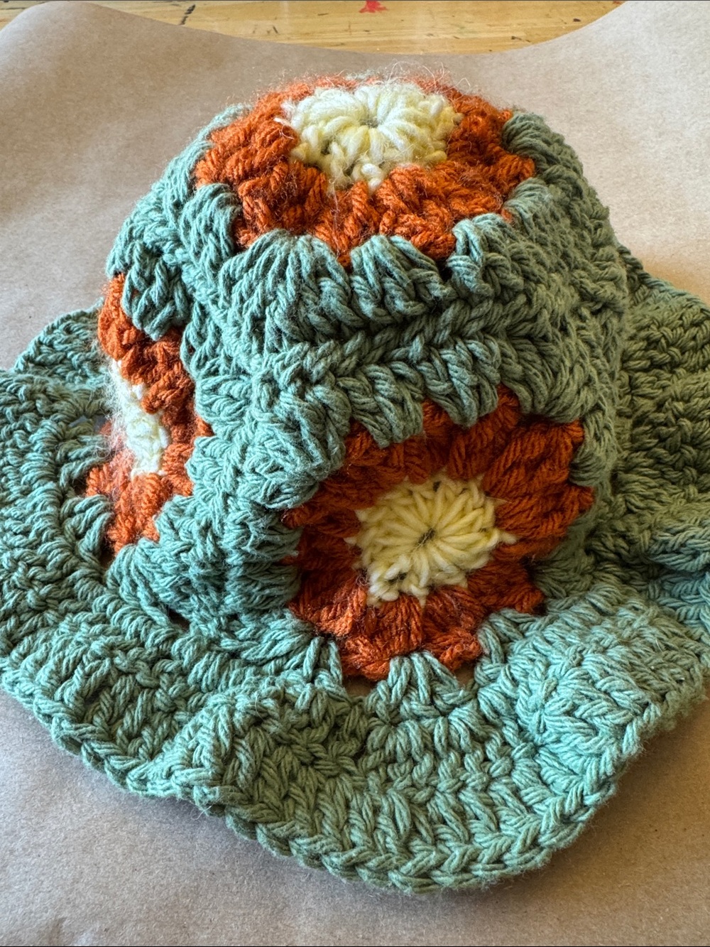 Cottagecore Crochet Flower Bucket Hat Green Yellow Orange